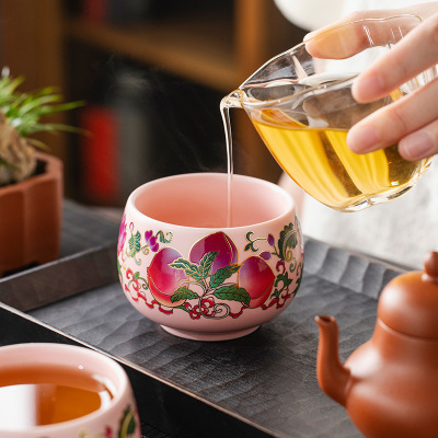 粉色汝窑温感变色寿桃主人杯茶杯个人专用高端茶具陶瓷喝茶杯子