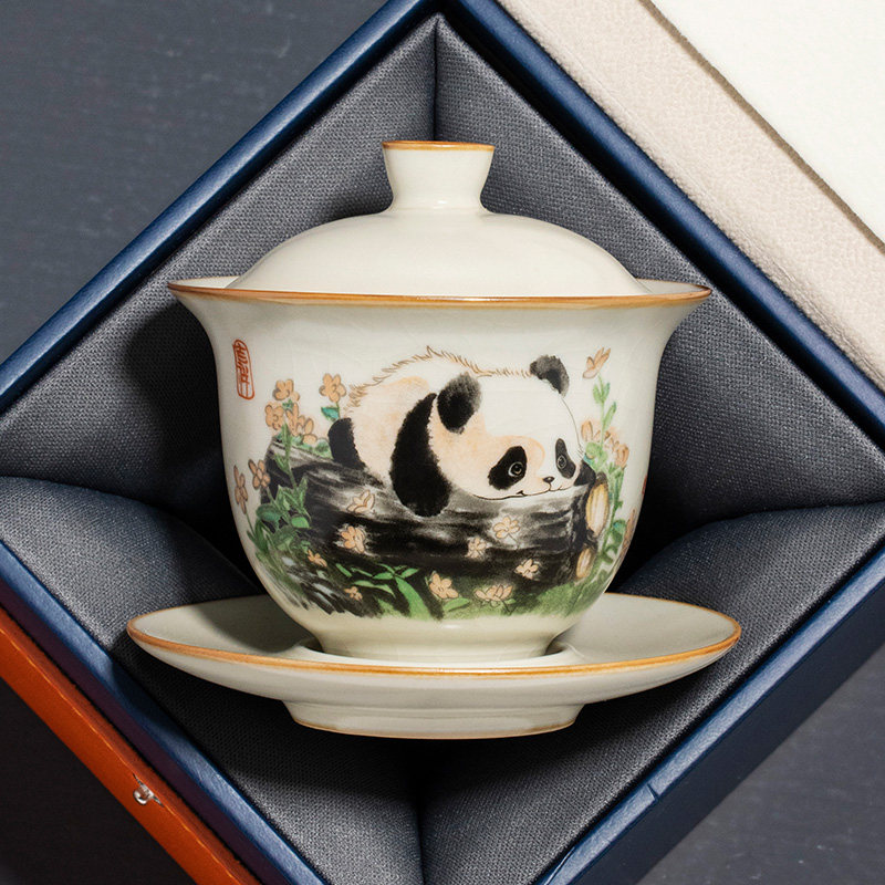 汝窑熊猫三才盖碗大号带盖单个高档家用茶杯功夫茶具定制泡茶碗