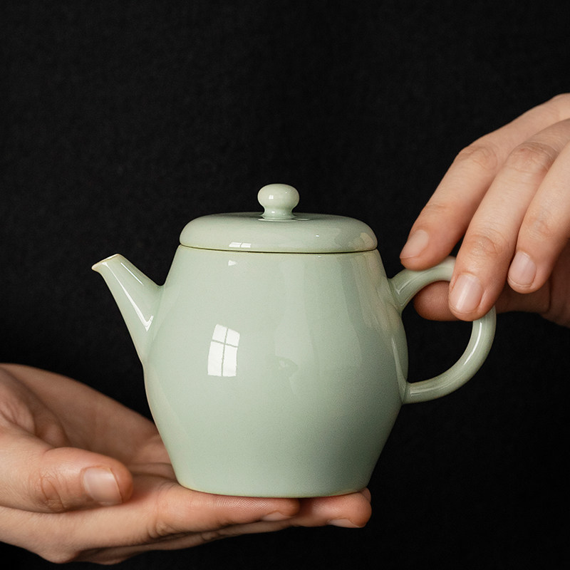 鸭蛋青宋瓷过滤泡茶壶手工球孔功夫茶具复古单壶小茶壶家用陶瓷