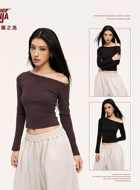 HIPHOP NINJA街舞跳爵士舞铆钉长袖T恤女KPOP斜肩修身显瘦上衣