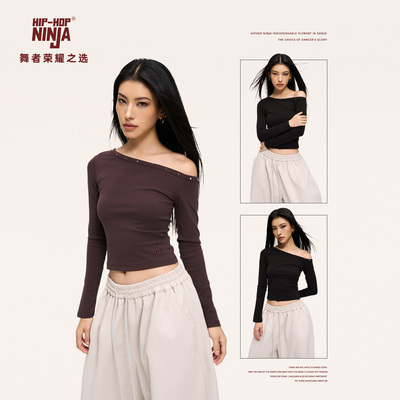 HIPHOP NINJA街舞跳爵士舞铆钉长袖T恤女KPOP斜肩修身显瘦上衣