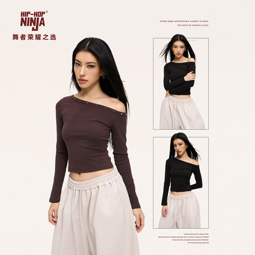 HIPHOP NINJA街舞跳爵士舞铆钉长袖T恤女KPOP斜肩修身显瘦上衣