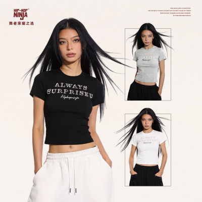 HIPHOP NINJA美式辣妹珍珠字母钉珠圆领短袖T恤女修身显瘦上衣