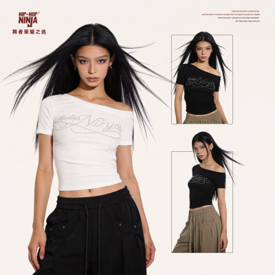 HIPHOP NINJA街舞跳爵士舞短袖T恤女KPOP斜肩烫钻修身显瘦上衣