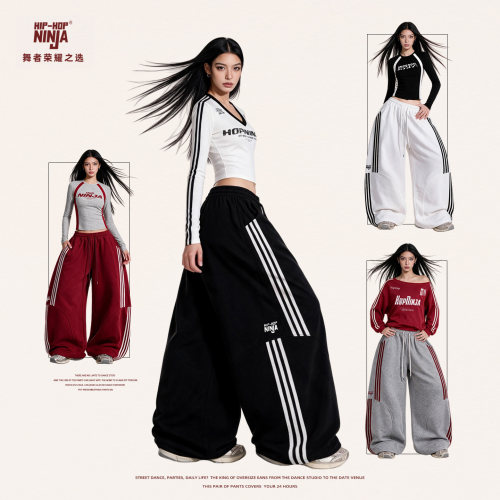 HIPHOP NINJA美式复古三条杠运动裤女跳爵士舞嘻哈休闲宽松卫裤