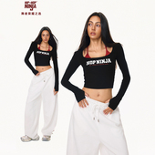HIPHOP T恤 打底长袖 NINJA街舞绑带挂脖假两件美式 上衣爵士舞修身