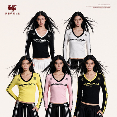 HIPHOP NINJA美式复古杠条V领印花长袖T恤女球衣修身运动内搭上衣