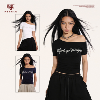 HIPHOP NINJA辣妹钉珠珍珠字母斜肩圆领短袖T恤女修身显瘦上衣