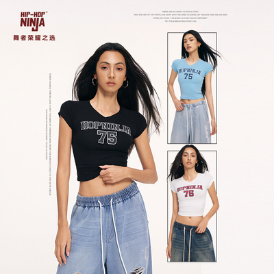 HIPHOP NINJA街舞美式复古球衣V领短袖T恤女夏款跳爵士舞修身上衣
