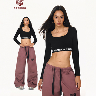 女性感紧身运动上衣 爵士舞T恤秋冬圆领字母弹力长袖 HIPHOP NINJA