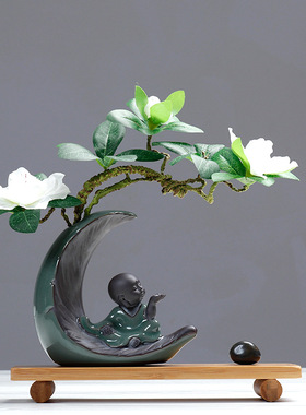 禅意小和尚创意陶瓷艺术品摆件居家送礼茶几办公室桌面装饰木工艺