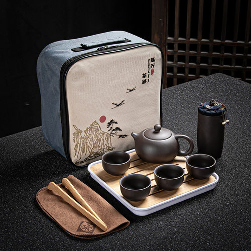 式紫砂定窑一壶四杯二杯带茶盘快客商务礼品旅行茶具套装