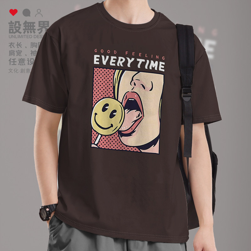 笑脸表情性感女舔棒棒糖恶搞短袖T恤男女个性半袖宽松0009设 无界