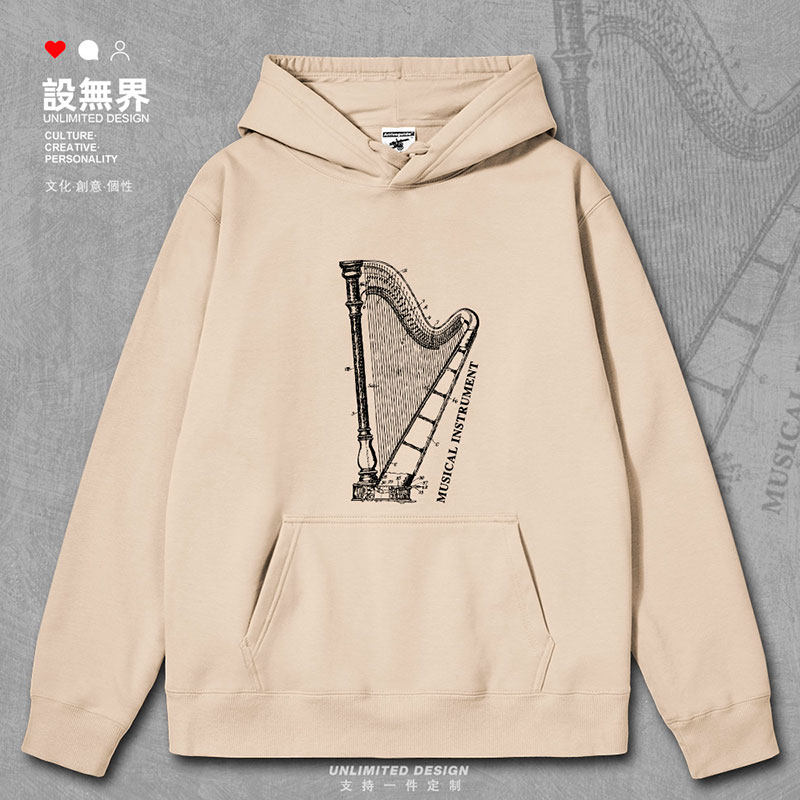 复古竖琴乐器设计线稿图连帽卫衣