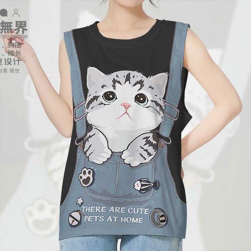 原创美国短毛猫呆萌背带裤猫咪大码速干背心男装女装0017设 无界