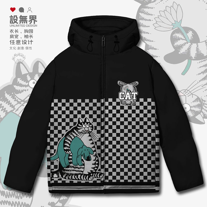 棋盘格子丑萌猫咪趣味拼接羽绒服