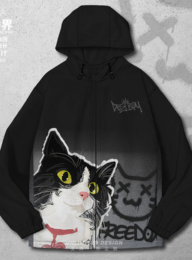 奶牛猫神经质猫咪头像插画创意涂鸦夹克棉服男女印花外套设 无界