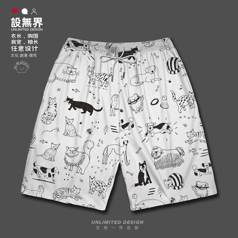 可爱手绘涂鸦萌宠狗狗猫运动短裤