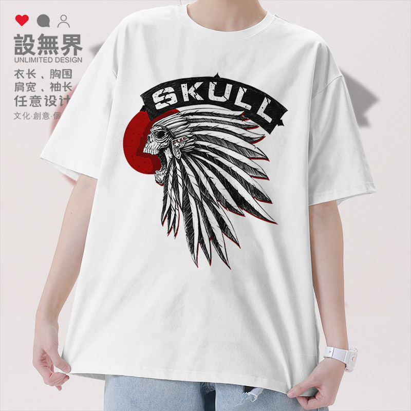 美国原住民印第安骷髅头涂鸦插画短袖T恤男女欧美风潮夏装设 无界