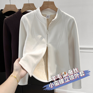 双拉链小蛮腰短外套双面绒开衫女秋冬防风保暖夹克修身显瘦上衣服