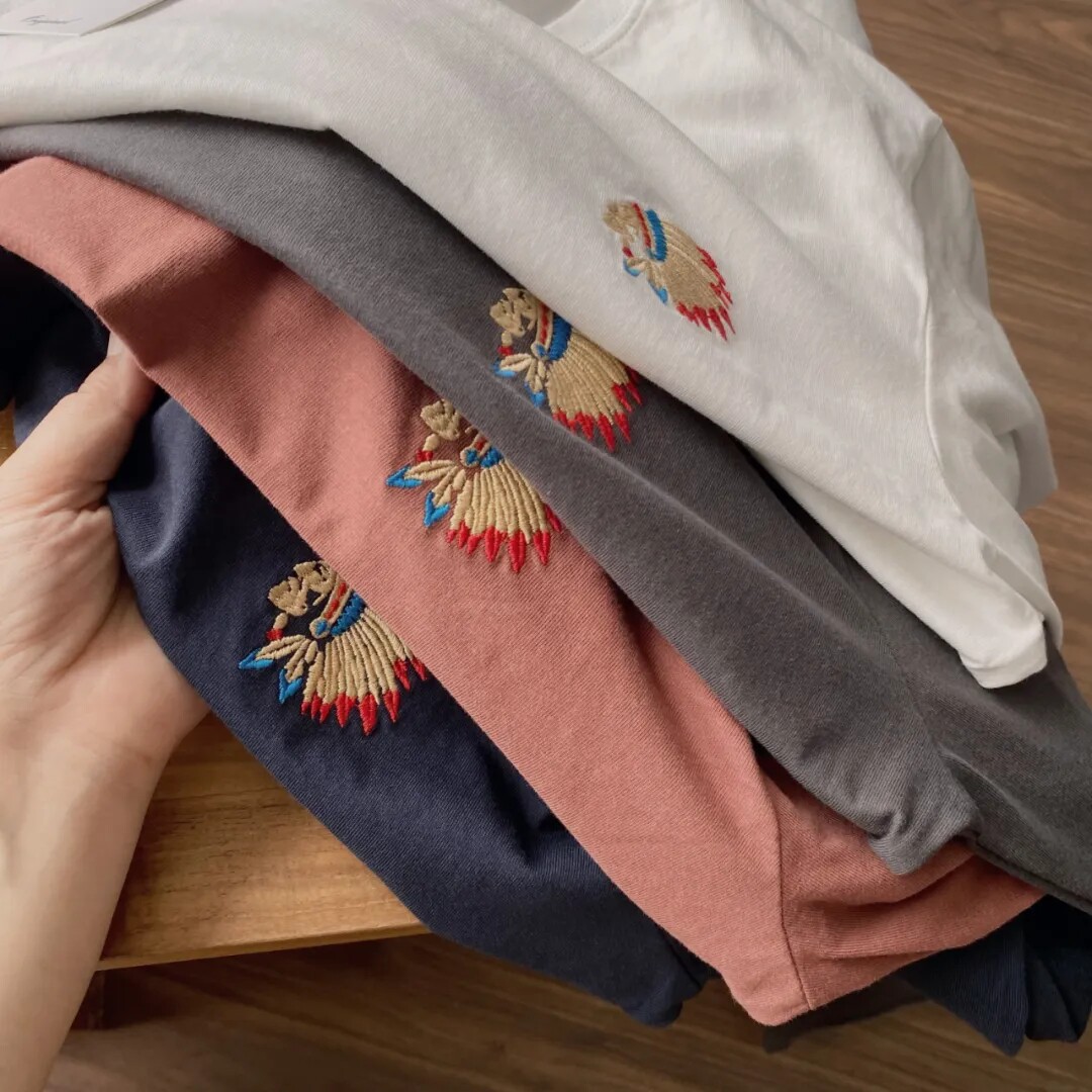 美式复古刺绣长袖T恤全棉打底衫