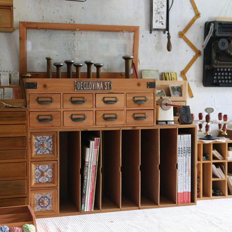 叁杉家居木质A4文件收纳架书桌桌面收纳盒儿童复古花砖书架置物架,收纳整理,桌面收纳盒,淘宝优惠券,粉丝福利购,淘宝优惠卷