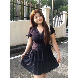 蛋糕短裙子 XZY 微胖纯欲风蕾丝花边v领短袖 连衣裙女25年夏季 修身