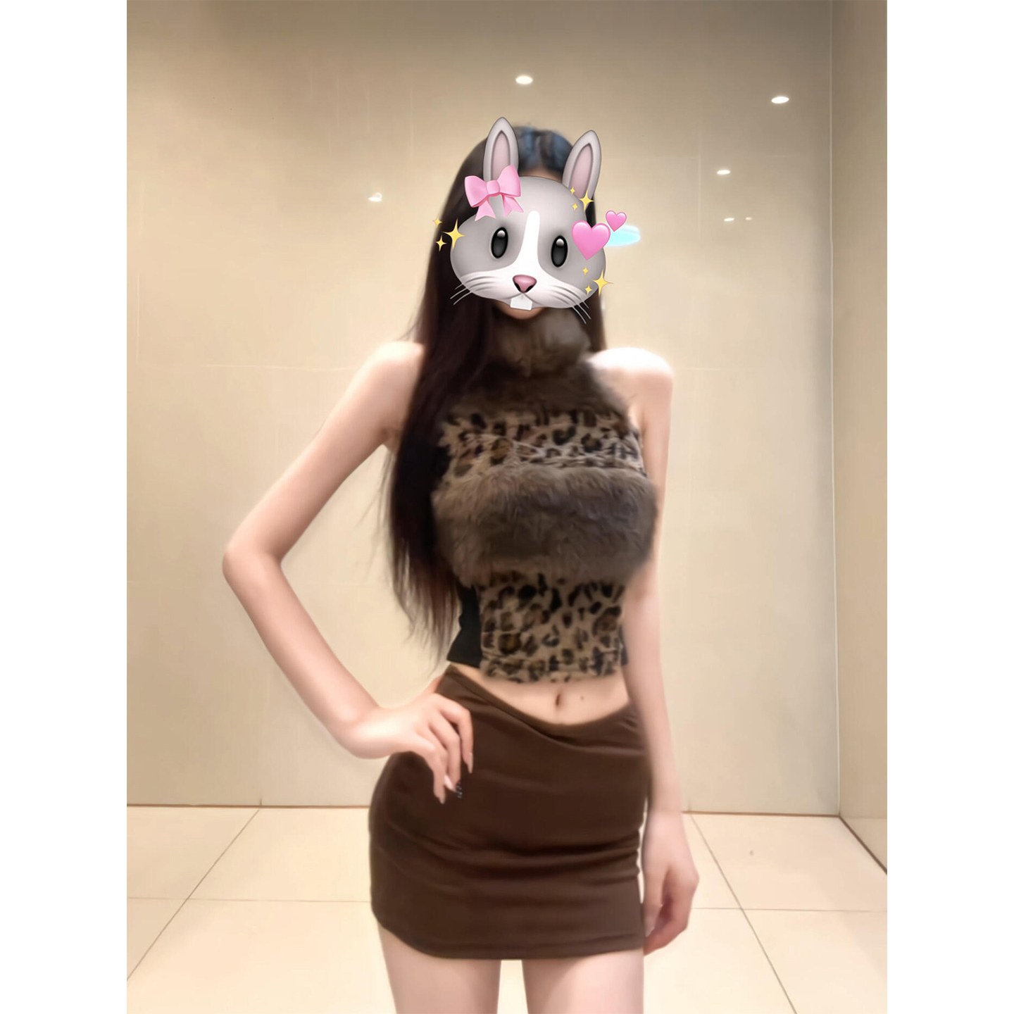 时髦辣妹高领豹纹毛毛马甲背心