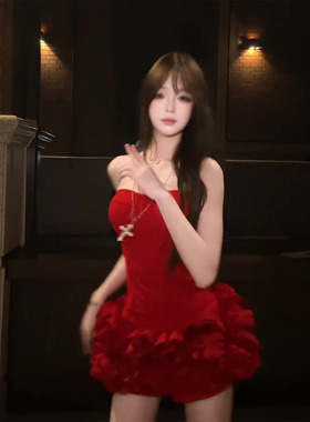 XZY 微胖辣妹性感红色鱼骨抹胸上衣女重工玫瑰蓬蓬短裙圣诞穿搭