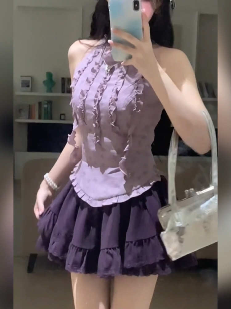 微胖mm纯欲芭蕾风紫色无袖上衣