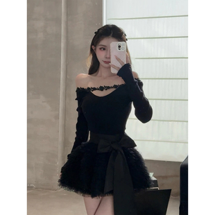 重工蓬蓬半裙套装 上衣女25年冬季 微胖甜辣风蕾丝花边V领长袖 XZY