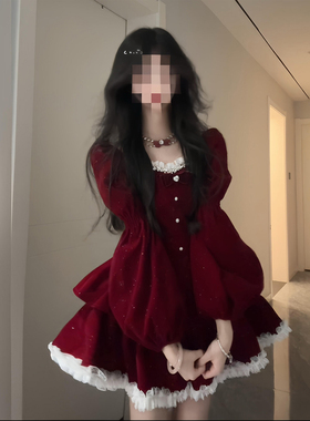 XZY 微胖法式甜美蝴蝶结丝绒连衣裙女25年冬季高级感收腰蓬蓬短裙