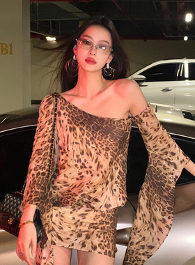 XZY 微胖欧美风辣妹斜肩豹纹连衣裙女25年夏性感荷叶袖低腰包臀裙