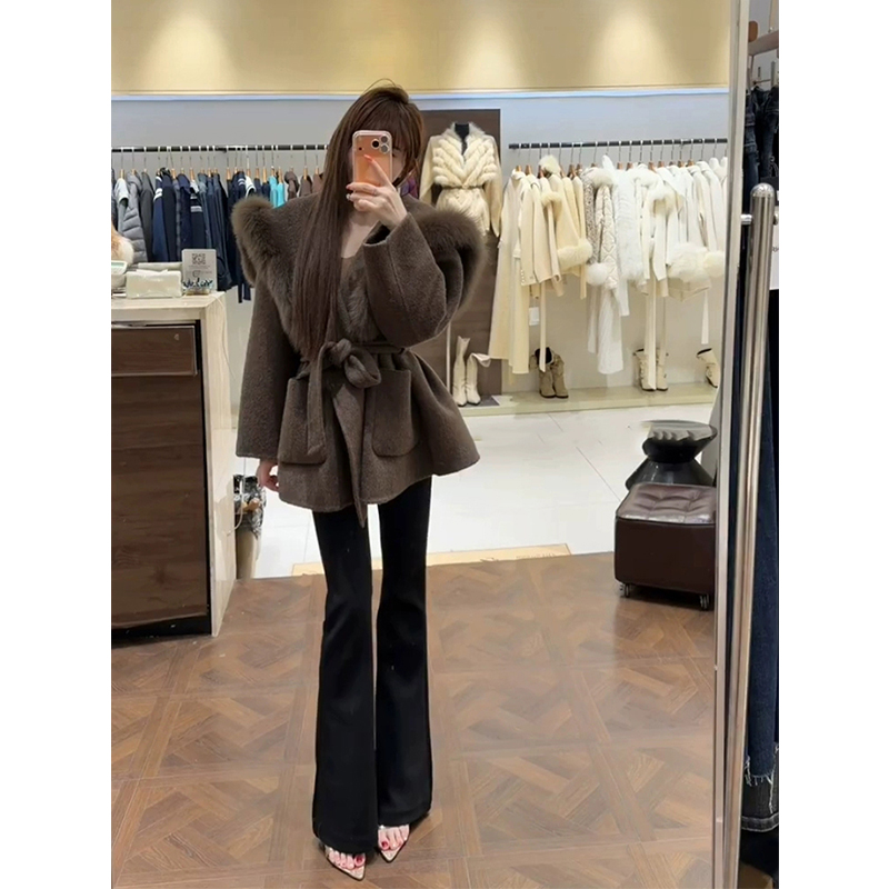 XZY 微胖名媛气质海军领绑带收腰大衣女25年冬季慵懒风毛呢外套