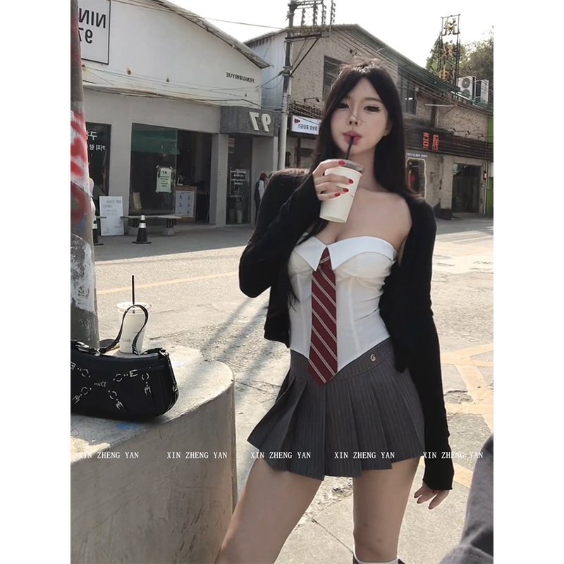 微胖美式辣妹性感领带抹胸上衣