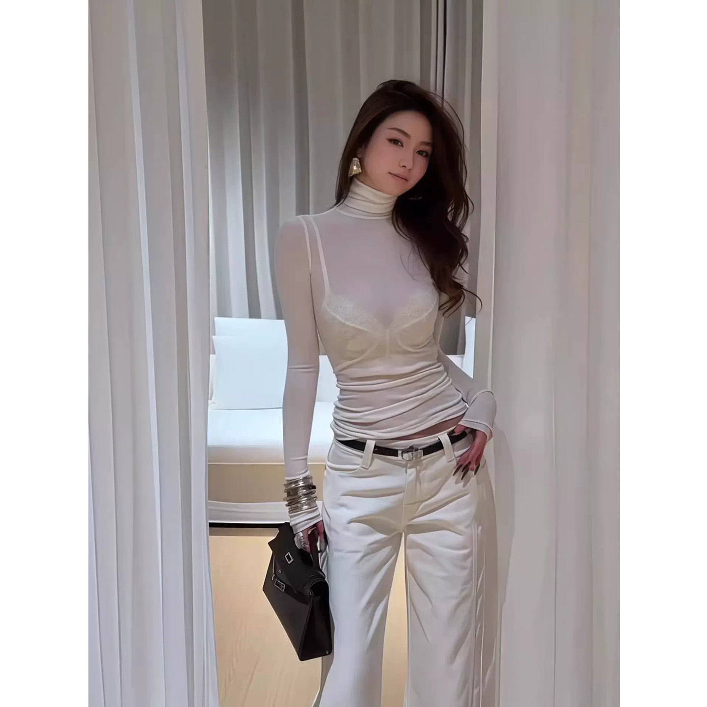 XZY 微胖御姐气质蕾丝吊带抹胸女26年春季高领微透修身打底衫套装,女装/女士精品,大码套装,淘宝优惠券,粉丝福利购,淘宝优惠卷