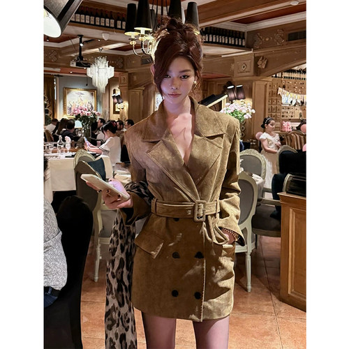 微胖复古美拉德翻领系带西装外套
