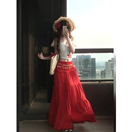 微胖度假风辣妹一字肩印花短上衣