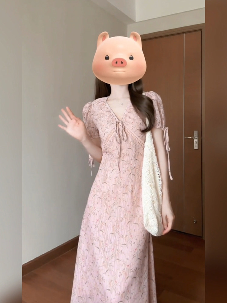 XZY/欣争艳 胖mm法式茶歇甜美粉色碎花连衣裙女夏v领显瘦超仙长裙