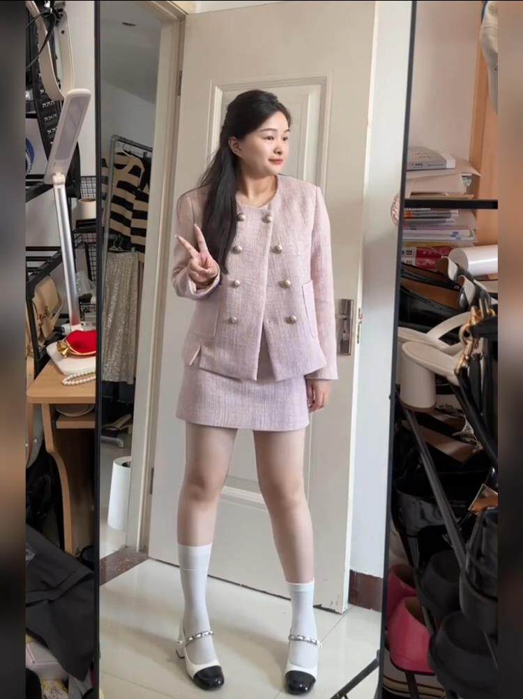 大码胖mm甜美粉色小香风套装女秋季高级感显瘦遮肉气质百搭外套,女装/女士精品,大码套装,淘宝优惠券,粉丝福利购,淘宝优惠卷