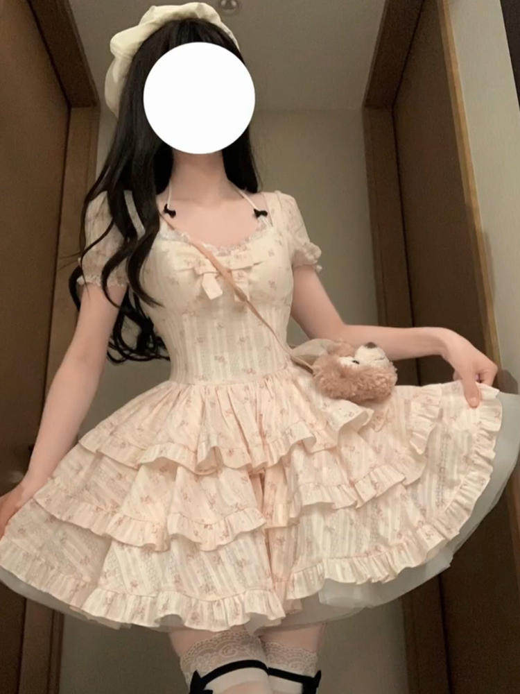 XZY/欣争艳 微胖mm甜美方领泡泡袖碎花连衣裙女夏季收腰蓬蓬短裙