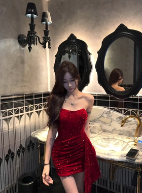 XZY 微胖辣妹性感红色抹胸亮片连衣裙女25年冬季修身礼服包臀短裙