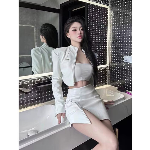 微胖御姐高级感短款PU皮衣外套