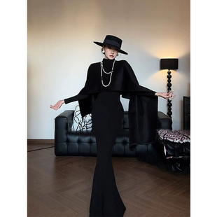 赫本风高级感鱼尾裙 优雅气质黑色斗篷披肩女25年冬季 XZY 微胖法式