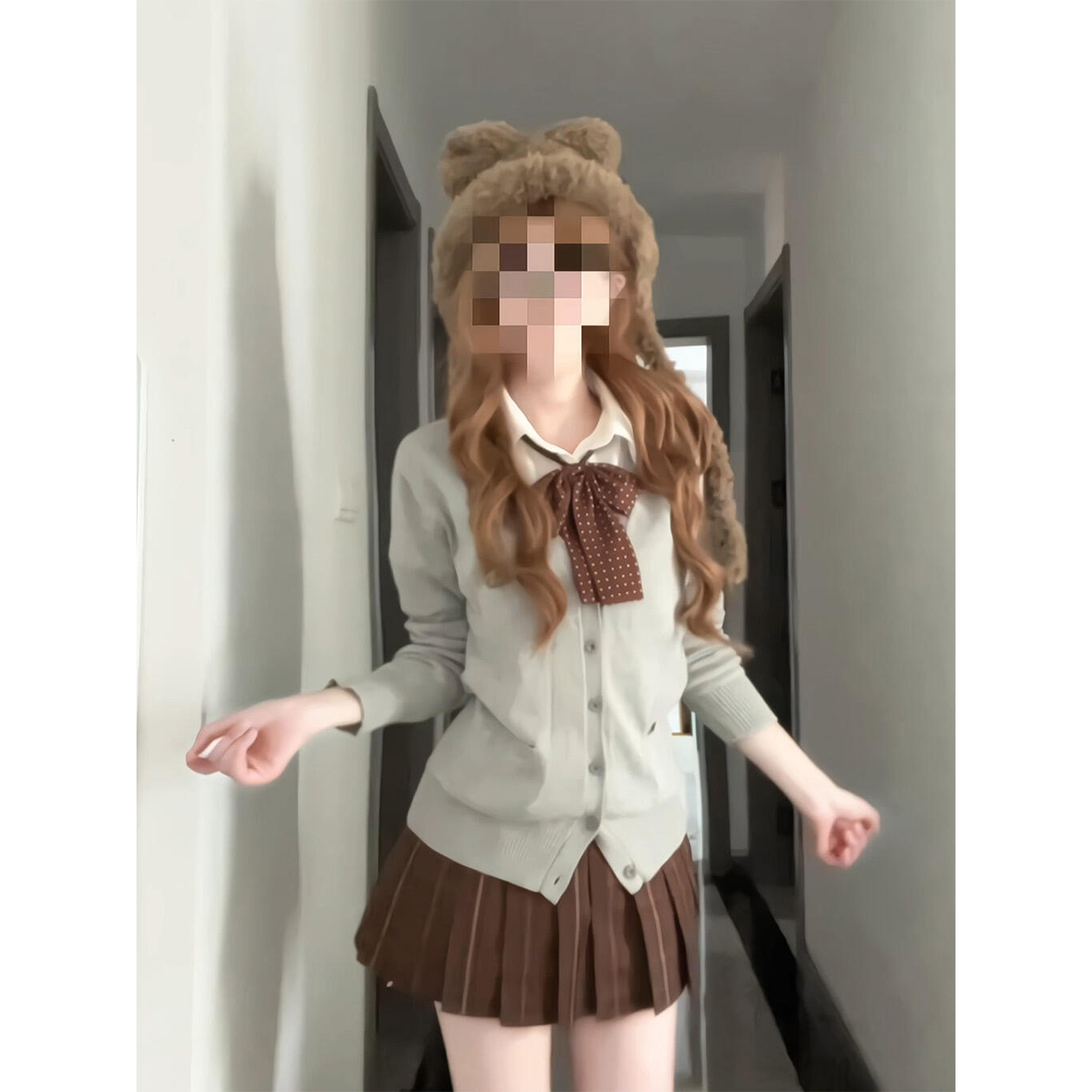 微胖甜美学院风领结针织毛衣开衫