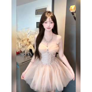 微胖纯欲甜美粉色网纱吊带连衣裙女25年夏收腰减龄公主蓬蓬裙 XZY