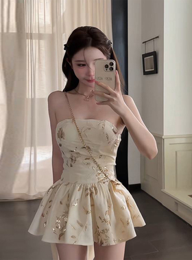 XZY 微胖纯欲辣妹重工刺绣抹胸连衣裙女25年夏季性感露肩收腰短裙