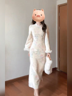 国风改良旗袍立领连衣裙女秋冬复古修身 微胖mm新中式 气质优雅长裙
