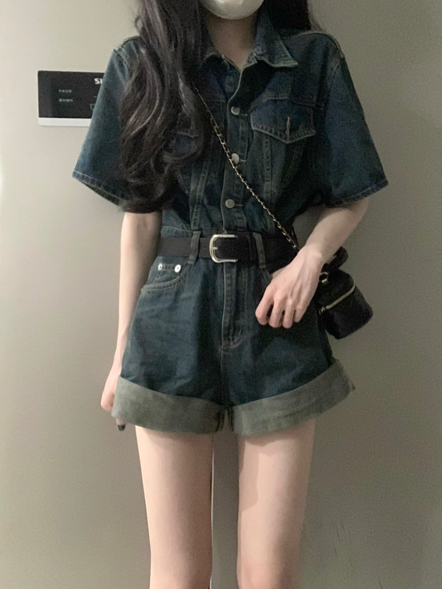 微胖复古美式工装牛仔连体短裤