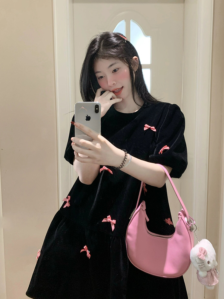 法式甜美蝴蝶结丝绒黑色连衣裙